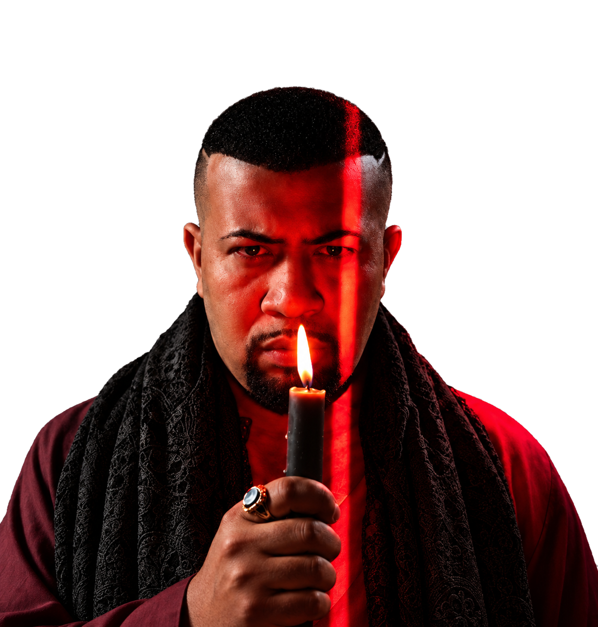 Bruxo Luiz em retrato com uma vela